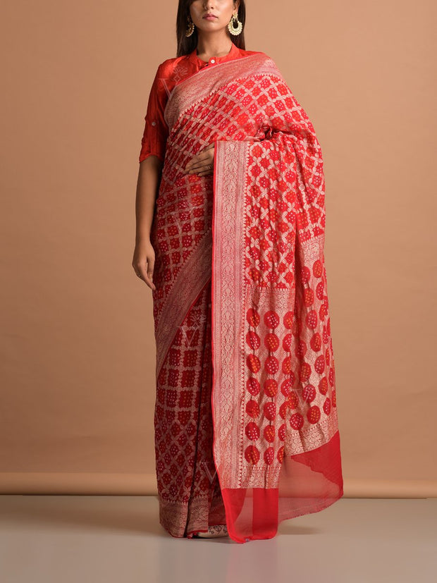 Red Georgette Bandhani Zari Saree