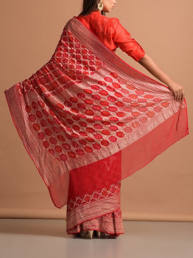 Red Georgette Bandhani Zari Saree