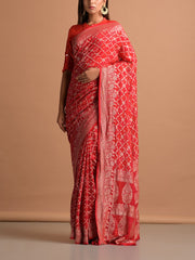 Red Georgette Bandhani Zari Saree