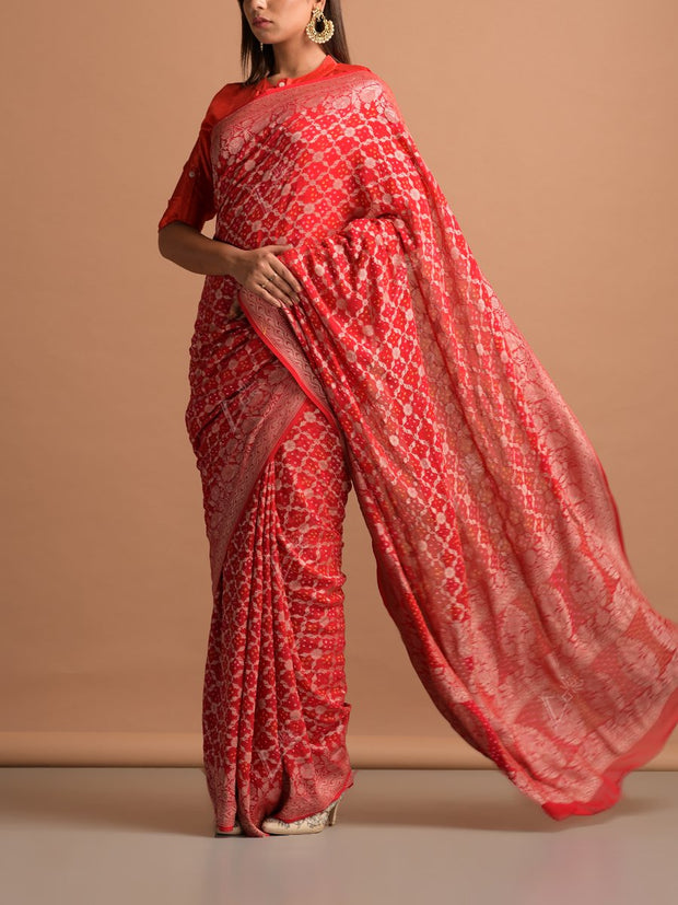 Red Georgette Bandhani Zari Saree