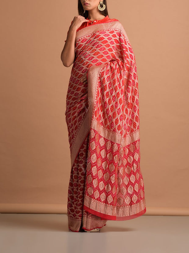 Red Georgette Bandhani Zari Saree