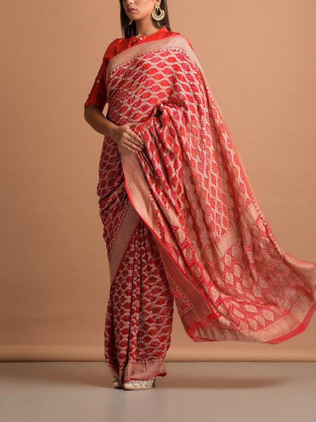 Red Georgette Bandhani Zari Saree