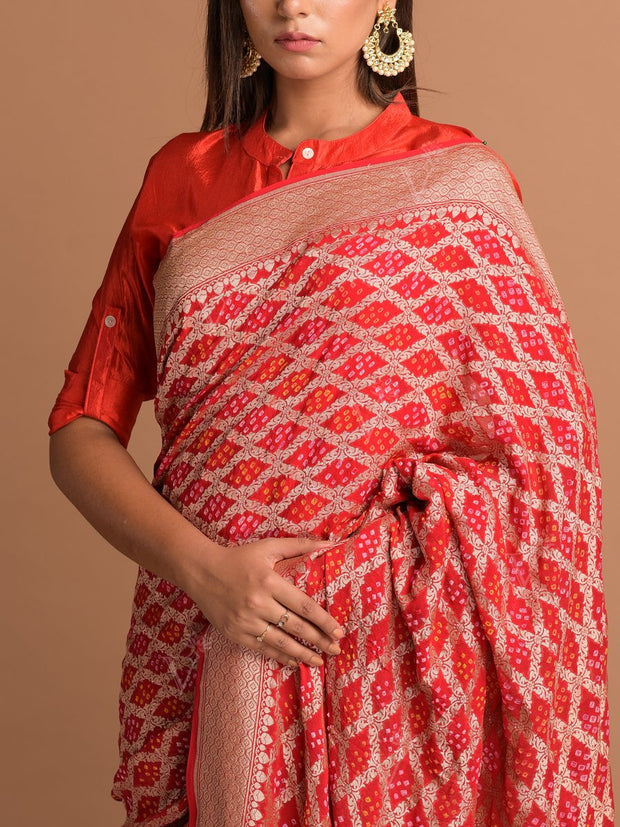 Red Georgette Bandhani Zari Saree