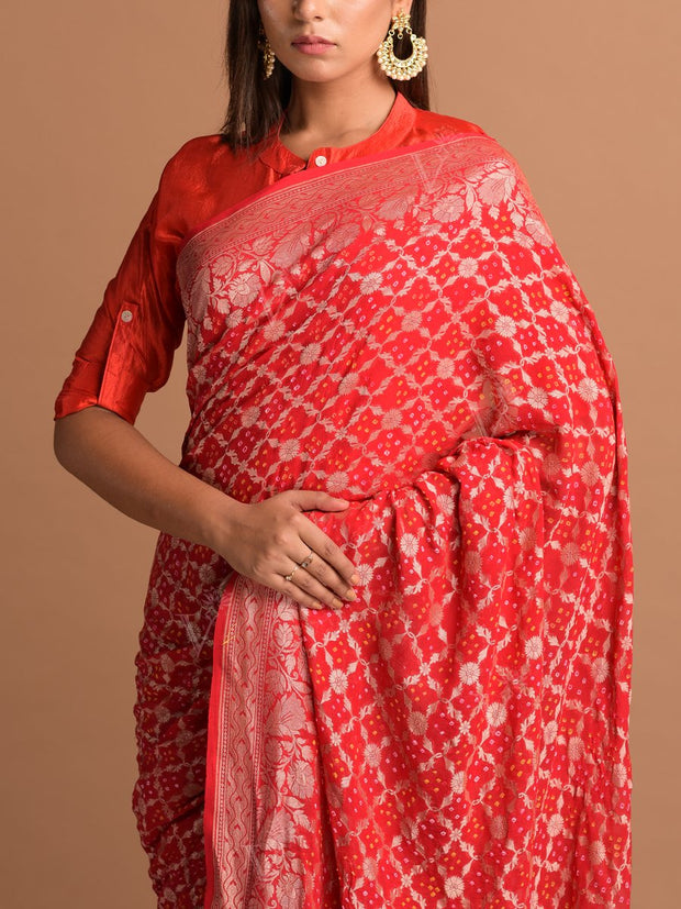 Red Georgette Bandhani Zari Saree