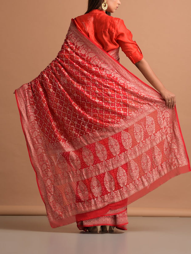 Red Georgette Bandhani Zari Saree