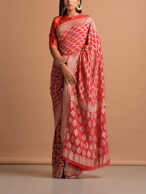 Red Georgette Bandhani Zari Saree