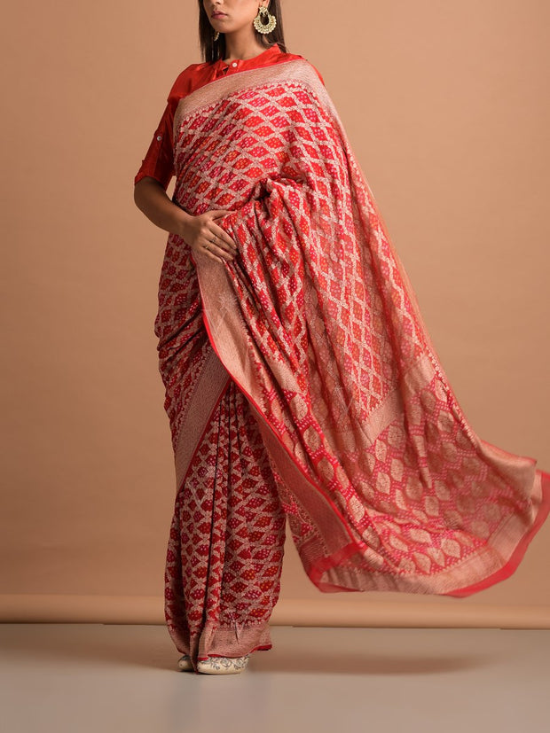 Red Georgette Bandhani Zari Saree