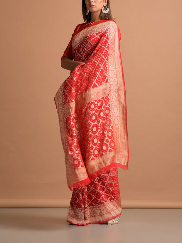 Red Georgette Bandhani Zari Saree