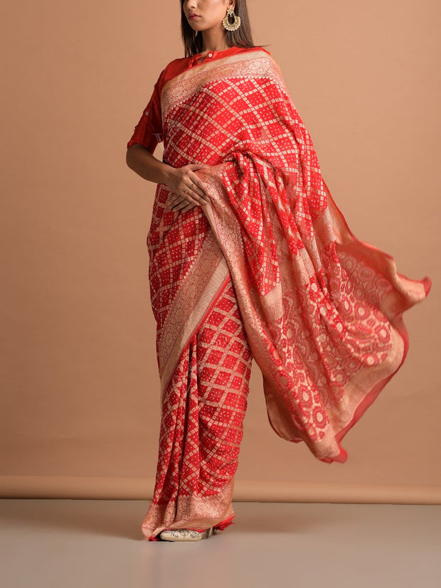 Red Georgette Bandhani Zari Saree