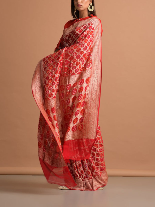 Red Georgette Bandhani Zari Saree