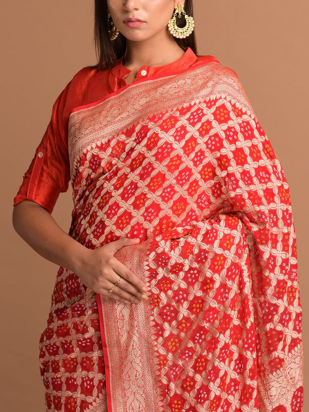 Red Georgette Bandhani Zari Saree