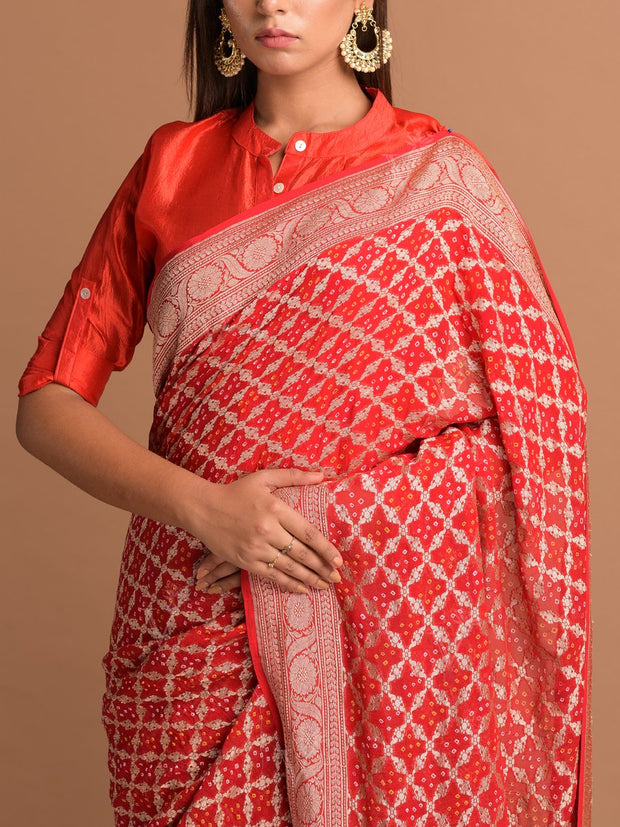 Red Georgette Bandhani Zari Saree