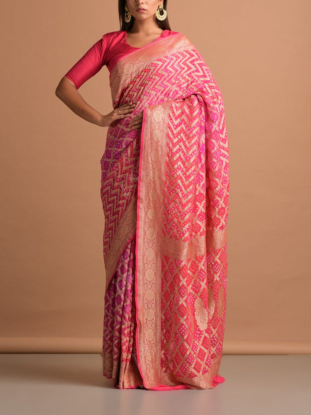 Pink Georgette Bandhani Zari Saree