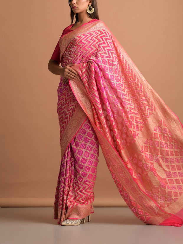 Pink Georgette Bandhani Zari Saree