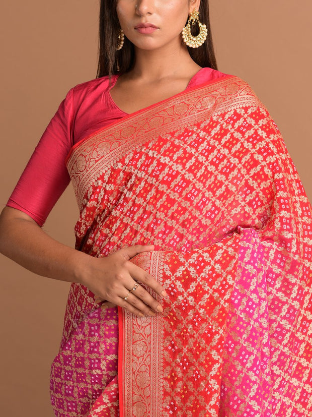 Red Georgette Bandhani Zari Saree