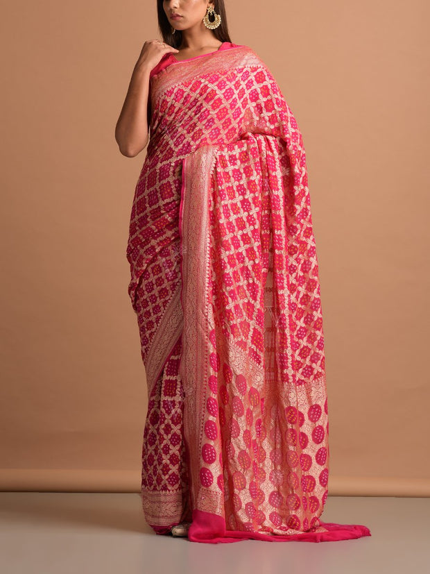 Bright Pink Georgette Bandhani Zari Saree