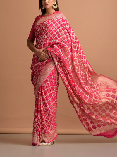 Bright Pink Georgette Bandhani Zari Saree