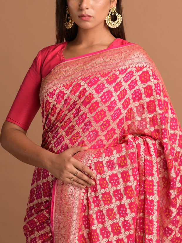 Bright Pink Georgette Bandhani Zari Saree