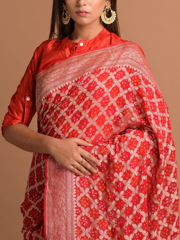 Red Georgette Bandhani Zari Saree