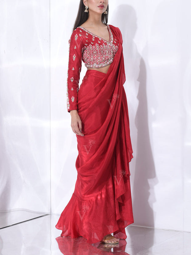 Scarlet Red Pre-Draped Saree