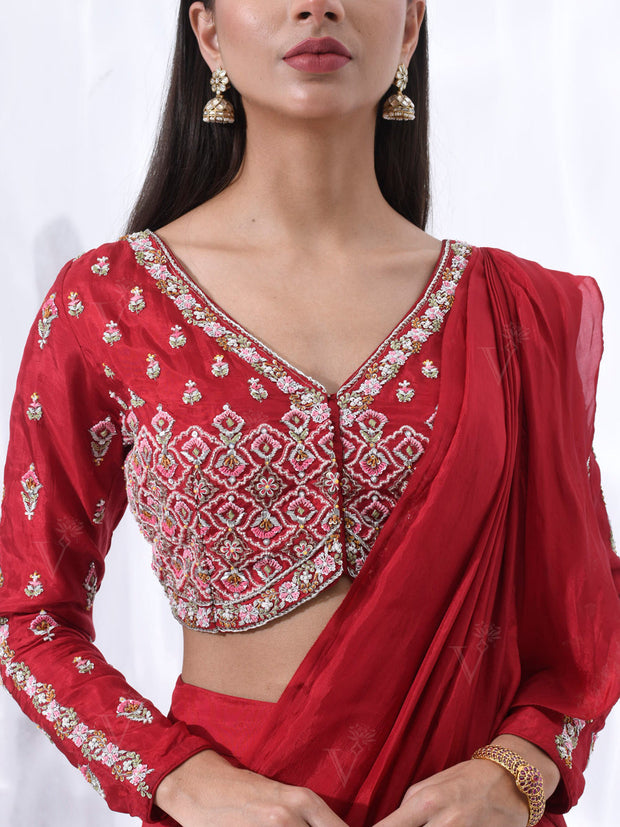 Scarlet Red Pre-Draped Saree