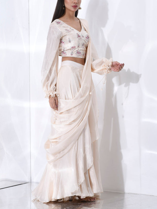 Off- White Pre Draped Saree