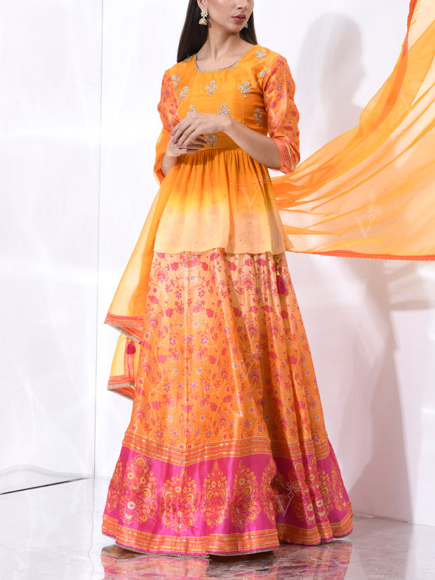 Orange and Yellow Vasansi Silk Printed Lehenga Set