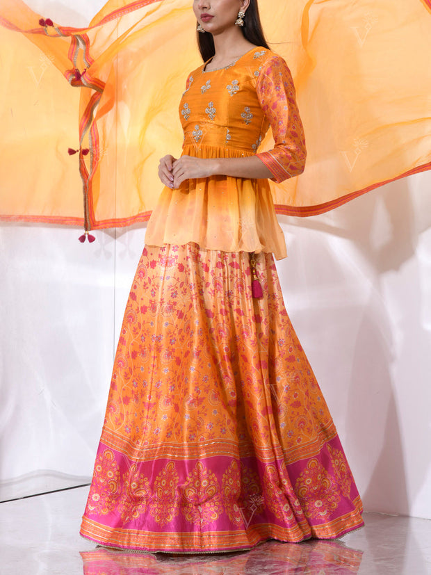 Orange and Yellow Vasansi Silk Printed Lehenga Set