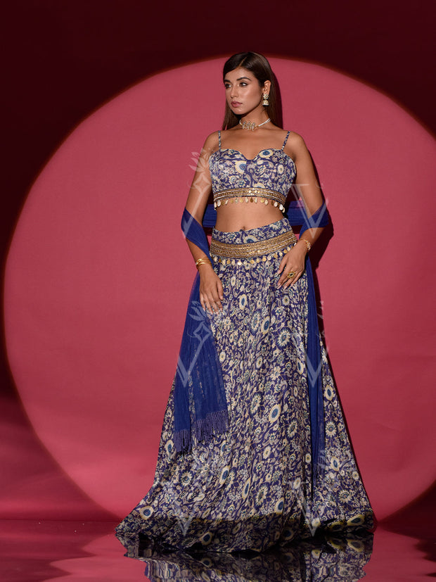 Cobalt Blue Crepe Lehenga Set