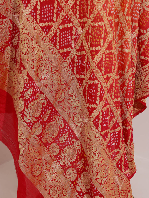 Orange red Georgette Bandhani Zaari Dupatta