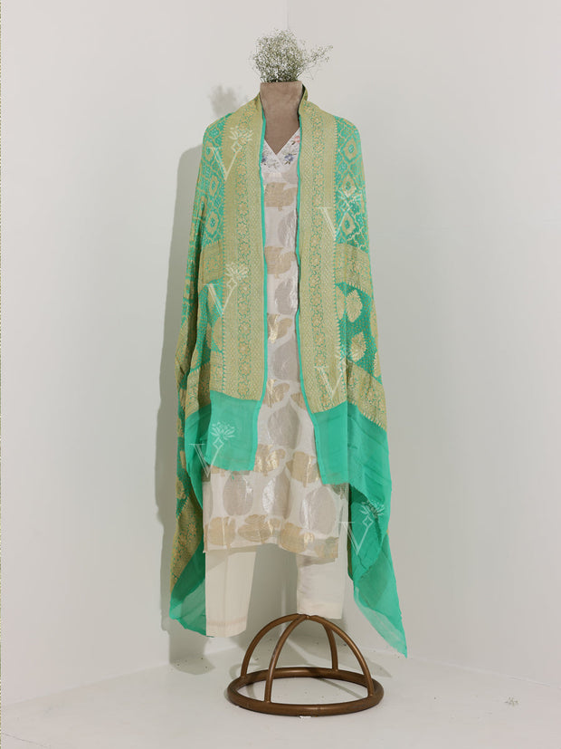 Light Green Georgette Bandhani Zari Dupatta