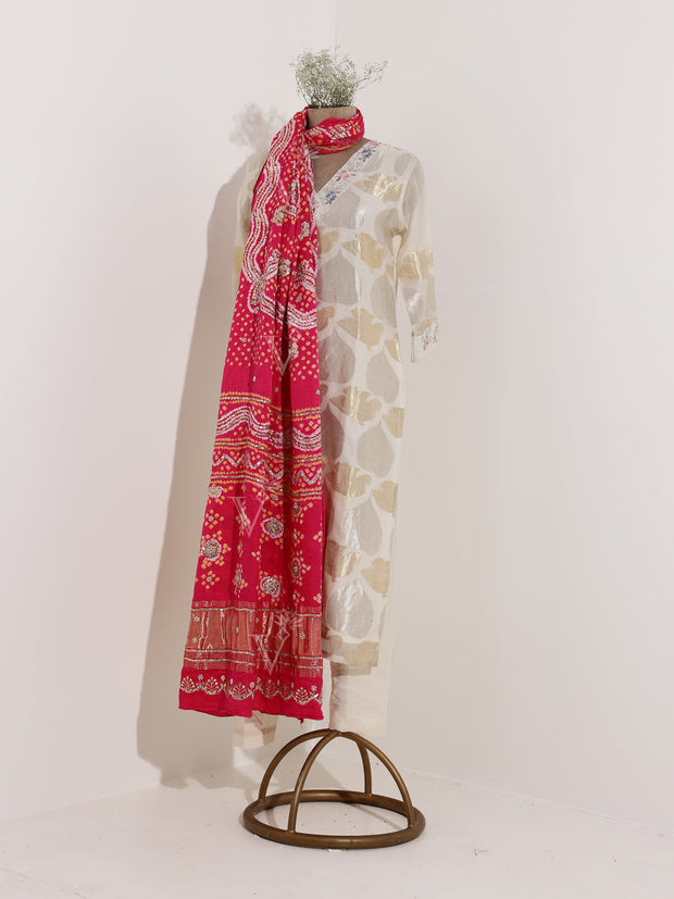 Pink and red Gazi silk Bandhani Zari Dupatta