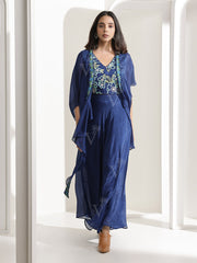 Indigo Blue Silk Palazzo Cape Set