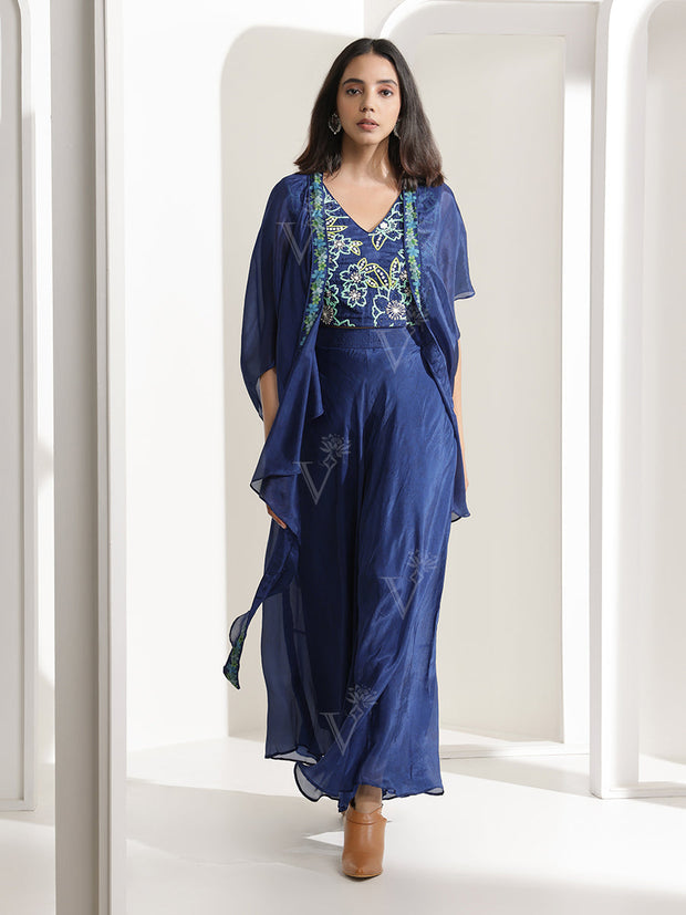 Indigo Blue Silk Palazzo Cape Set