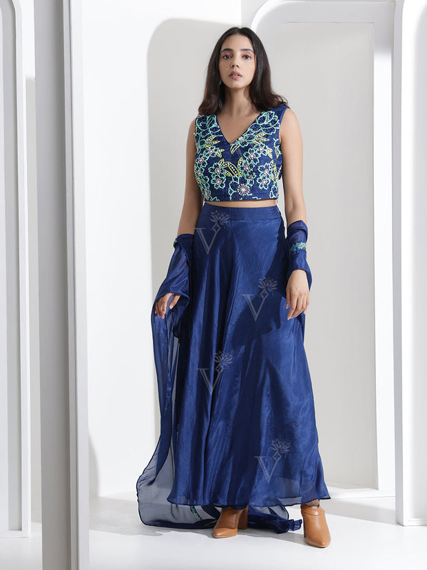 Indigo Blue Silk Palazzo Cape Set