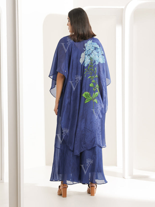 Indigo Blue Silk Palazzo Cape Set