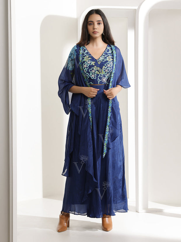 Indigo Blue Silk Palazzo Cape Set