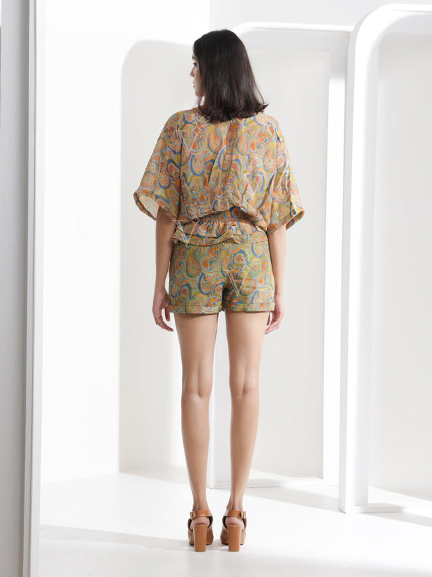 Abstract Print Asymmetric Jacket Bustier with Shorts