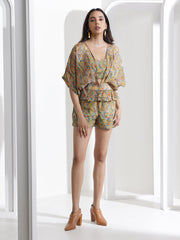 Abstract Print Asymmetric Jacket Bustier with Shorts