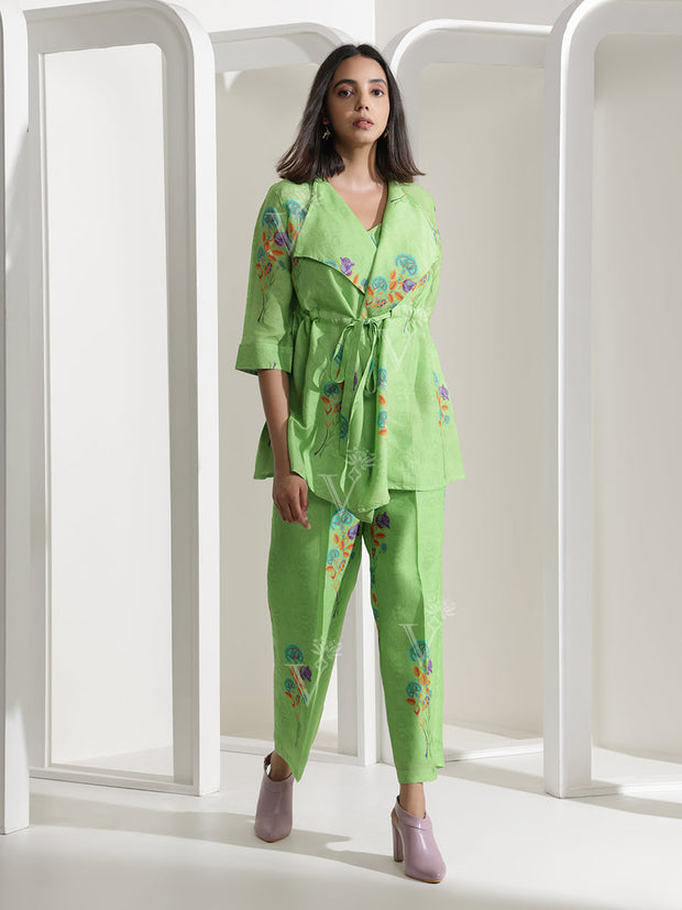 Parrot Green Silk  Jacket with bustier Pant Set