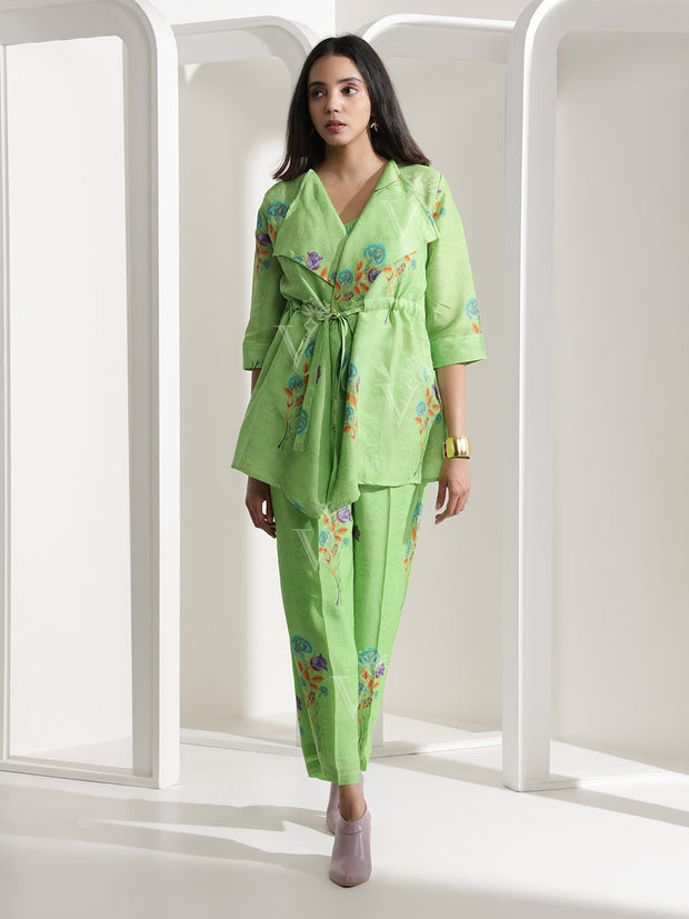 Parrot Green Silk  Jacket with bustier Pant Set