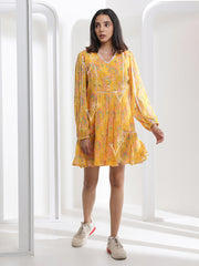 Yellow Abstract Print Knee Length Dress