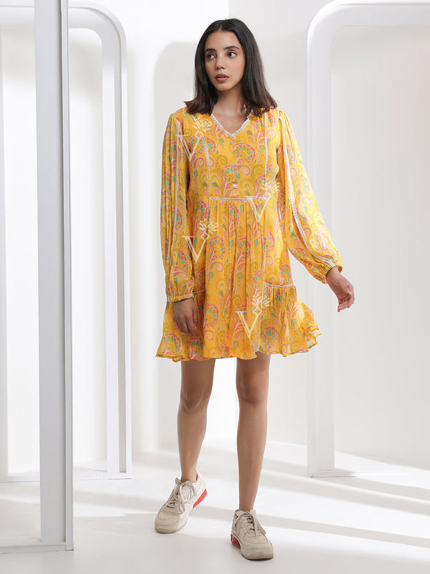 Yellow Abstract Print Knee Length Dress