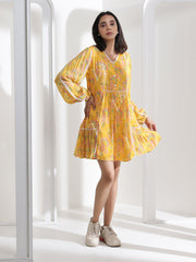 Yellow Abstract Print Knee Length Dress