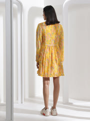 Yellow Abstract Print Knee Length Dress