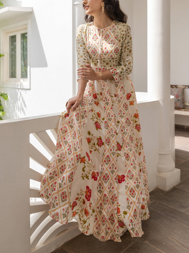 Off White Vasansi Silk Printed Anarkali Gown