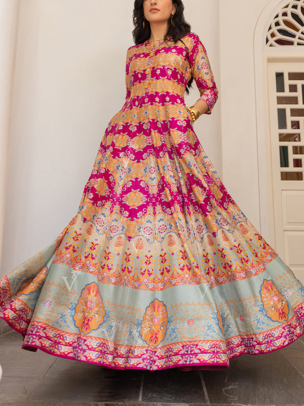 Pink Vasansi Silk Printed Anarkali Gown