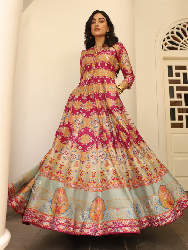 Pink Vasansi Silk Printed Anarkali Gown