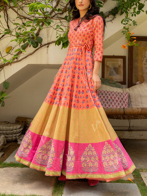 Peach Cotton Printed Anarkali Gown