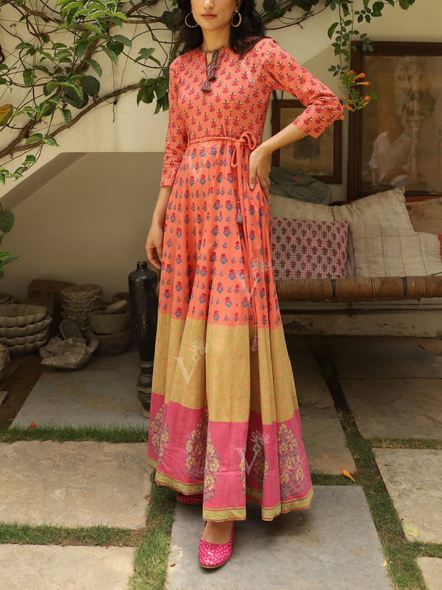 Peach Cotton Printed Anarkali Gown